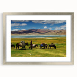 Textured art depicting an abstract Tibetan landscape in muted earth tones on a framed silver mat, ideal for bedroom art.