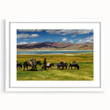 Abstract art print of a Tibetan landscape in muted earth tones on a framed canvas, suitable for dining room decor.