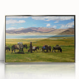 Mid-century modernist art depicting a serene Tibetan landscape in muted earth tones, framed acrylic print.