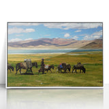 Acrylic print of Tibet landscape in art deco style, featuring muted earth tones, ideal for modern art wall decor.