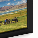 Extra large framed canvas of a textured Tibetan landscape in muted black with colorful accents, ideal for living room decor.