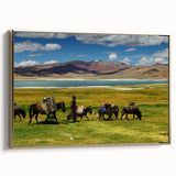 Framed canvas featuring a vintage-style landscape painting of Tibet with a predominantly black and gold color palette.