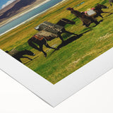 Art deco poster featuring a serene Tibetan landscape in muted earth tones on a rolled canvas, suitable for dining room decor.