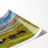 Extra large wall art featuring line art flowers over a muted landscape of Tibet, printed on rolled canvas.