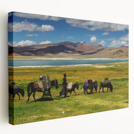 Large stretched canvas featuring a serene Tibetan landscape in muted earth tones, ideal for kitchen wall art.