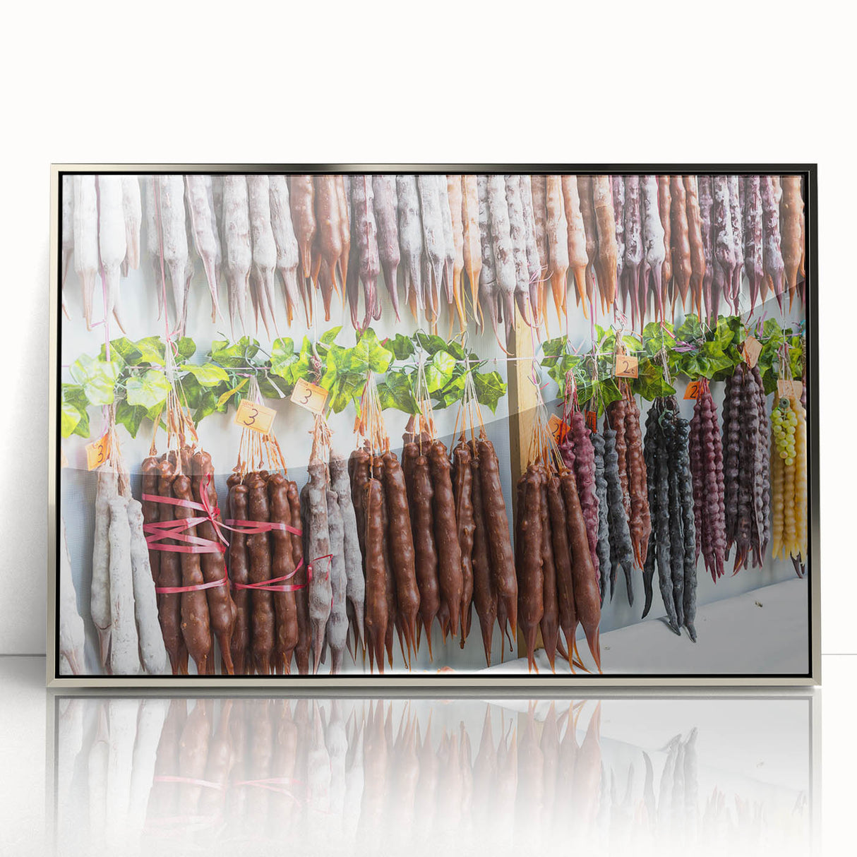 Mid-century modernist art depicting Asian scenery in muted earth tones on a silver-framed acrylic print.