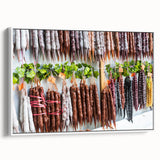 Vintage poster art of a colorful Asian scenery on a large framed canvas, ideal for living room decor.