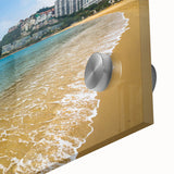 Mid-century modernist large abstract wall art of Hong Kong skyline in vibrant colors on acrylic glass.