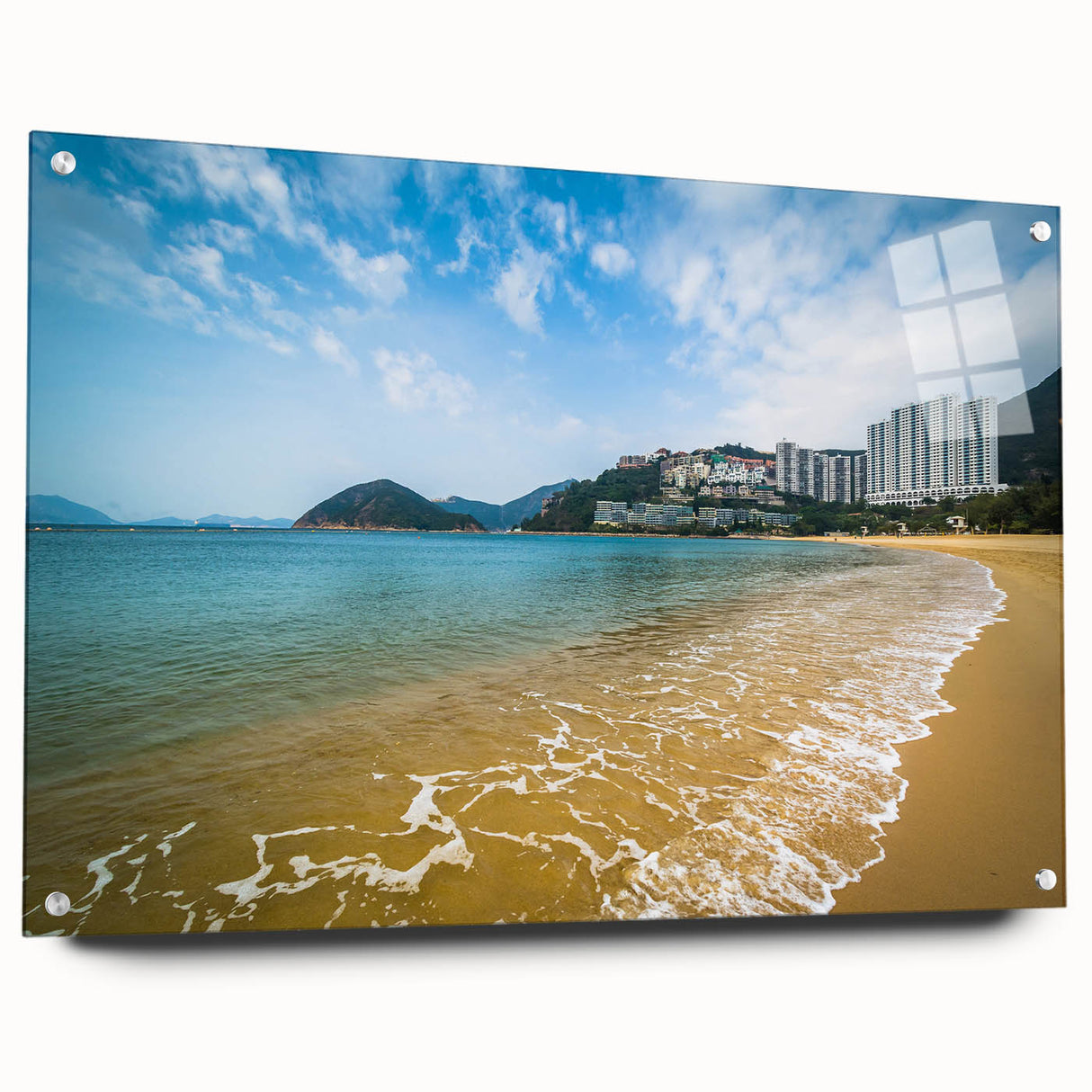 Acrylic print of a large abstract Hong Kong skyline in muted gray and blue tones, ideal for bedroom or dining room decor.