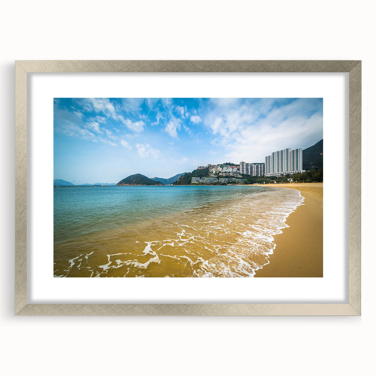 Textured art print of abstract Hong Kong skyline in muted gray and blue tones, framed with a silver mat.