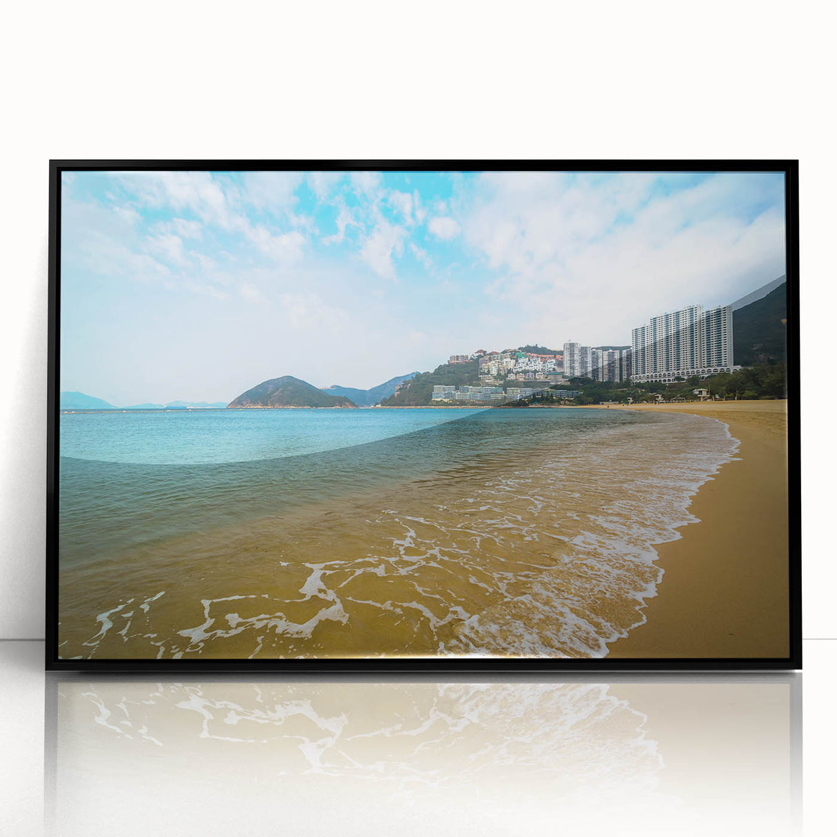 Large abstract wall art depicting the Hong Kong skyline in muted gray tones on a framed acrylic.