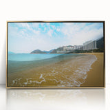 Framed acrylic print of Hong Kong skyline in gold and black tones, ideal for modern art wall decor.