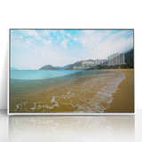 Framed acrylic print of Hong Kong skyline in art deco style with muted gray and blue tones.