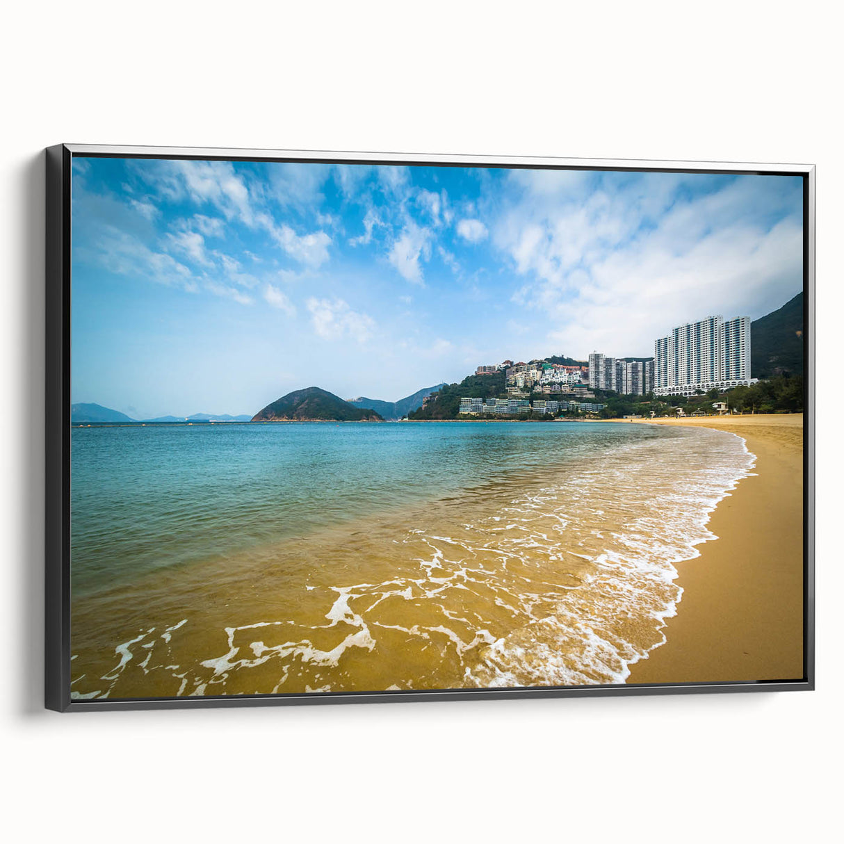 Framed canvas of a black and white vintage poster featuring the Hong Kong skyline, ideal for bedroom wall decor.