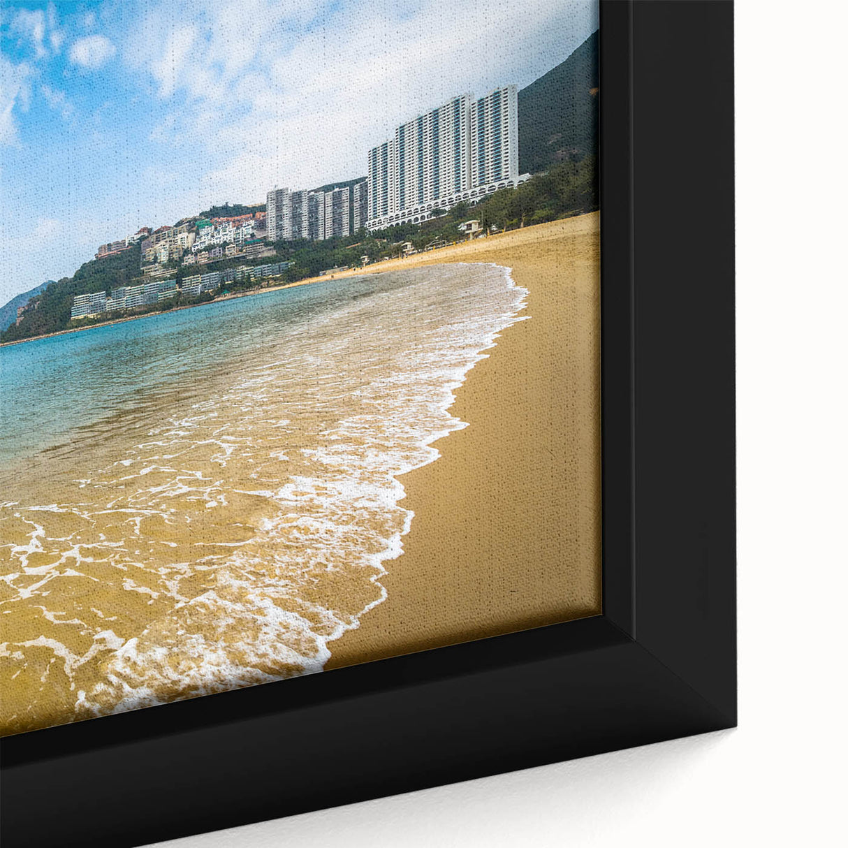 Black wall art featuring a textured Hong Kong cityscape with colorful elements on a framed canvas.