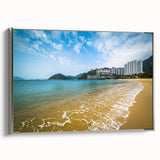 Framed canvas landscape art of Hong Kong with colorful and black vintage poster elements, ideal for modern living room decor.
