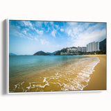 Framed canvas vintage poster art of Hong Kong skyline in vibrant colors, ideal for living room decor.