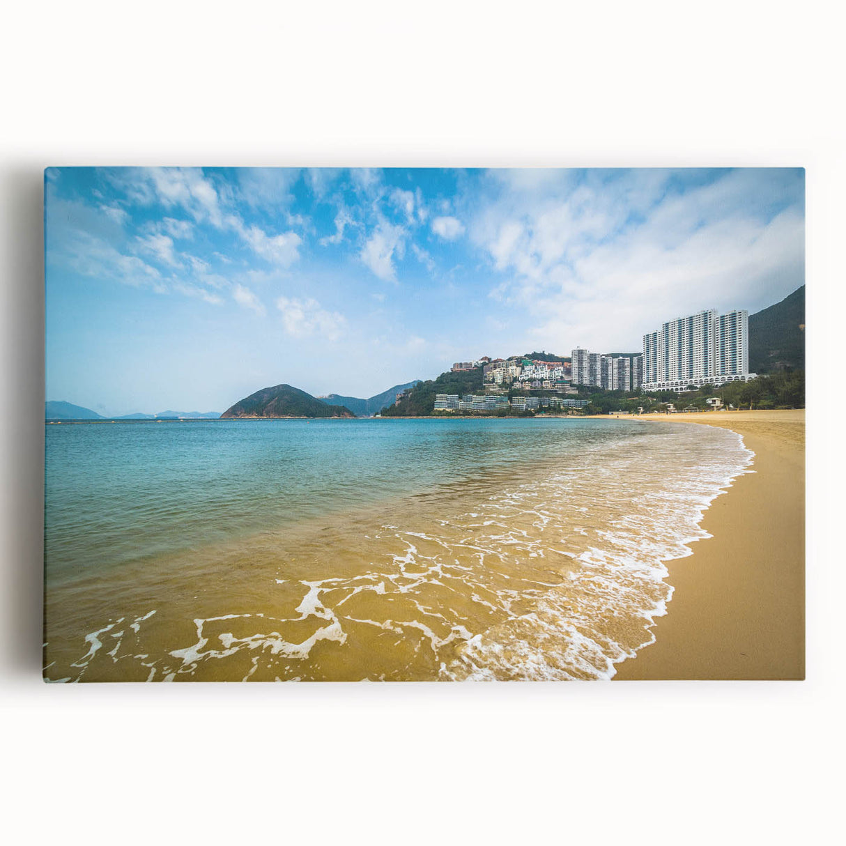 Black and white stretched canvas of Hong Kong skyline, ideal for kitchen wall art.