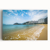 Black and white stretched canvas of Hong Kong skyline, ideal for kitchen wall art.