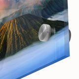 Large abstract wall art on acrylic glass featuring mid-century modernist style with vibrant hues, ideal for dining room art.