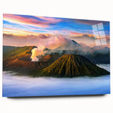 Large abstract wall art on acrylic glass depicting a serene Indonesian landscape, suitable for bedroom or dining room decor.
