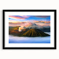 Colorful abstract art print of Indonesian scenery in vibrant hues on a textured, extra large canvas, framed in black.