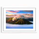 Abstract art print of an Indonesian landscape in muted earth tones on a white-framed canvas, suitable for dining room decor.