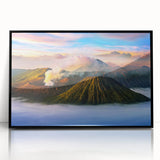 Large abstract wall art depicting a stylized Indonesian landscape in muted earth tones on a framed acrylic panel.