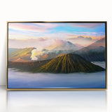 Large art print of a serene Indonesian landscape in gold and green tones, framed acrylic, ideal for modern art wall decor.