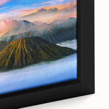 Framed canvas depicting a textured, colorful Indonesian landscape in black, ideal for living room decor.