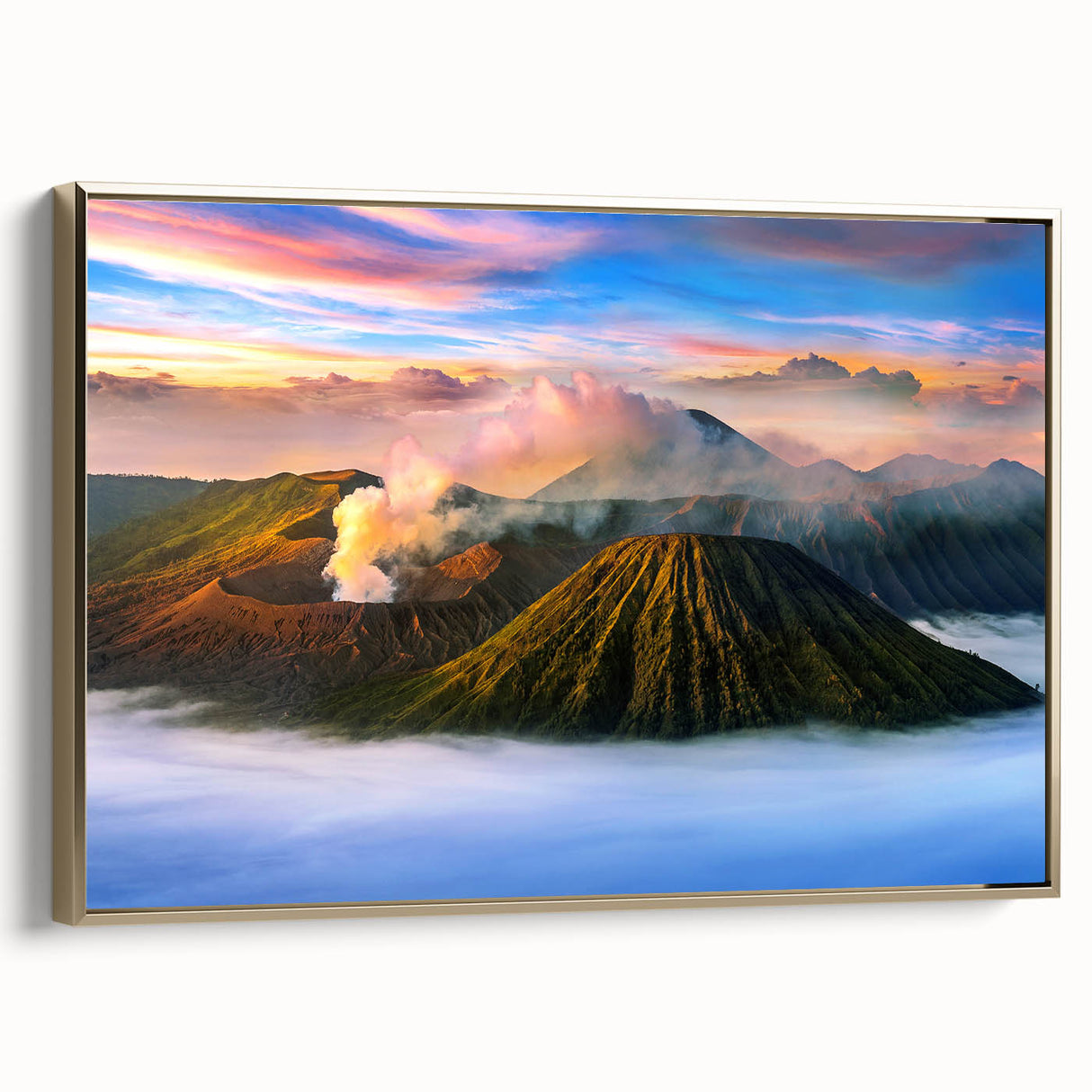 Framed canvas featuring a vintage-style landscape painting of an Indonesian scenery in gold and black tones.