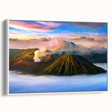 Vintage poster art of an Indonesian landscape on a framed canvas, featuring colorful art in large format.