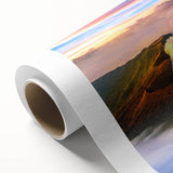 Art Deco style poster of an Indonesian landscape on rolled canvas, in muted green and blue tones, ideal for nursery wall art.