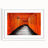 Abstract art print of a serene Kyoto landscape in muted greens and blues on a framed white mat.