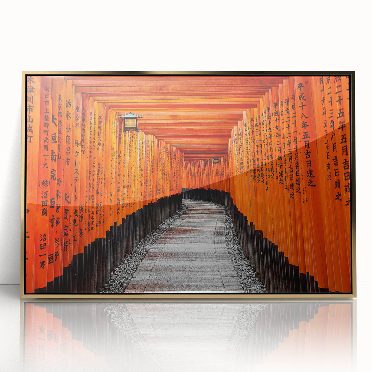 Framed acrylic print of a Kyoto landscape in muted gold and green tones, ideal for modern art wall decor.