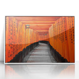 Acrylic print of a serene Kyoto landscape in muted earth tones, framed in white.