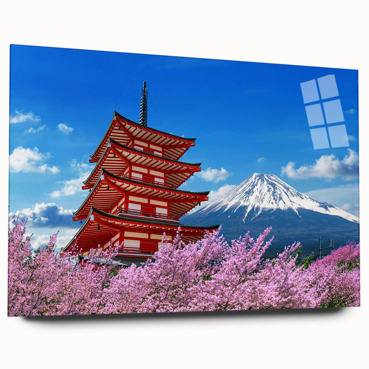 Large abstract depiction of Mount Fuji in muted blues and whites on an acrylic print.