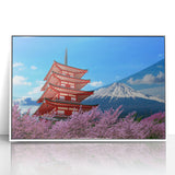 Modern art depiction of Mount Fuji in muted blue and white tones on a framed acrylic, suitable for nursery wall decor.