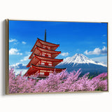 Framed canvas of Mount Fuji with vintage poster art style in black and gold, ideal for bedroom wall art.