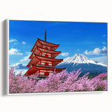 Vintage poster art of Mount Fuji with colorful background on a framed white canvas, ideal for living room decor.