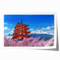 Extra large rolled print of Mount Fuji with pink cherry blossoms foreground, in pastel hues, ideal for dining room wall art.