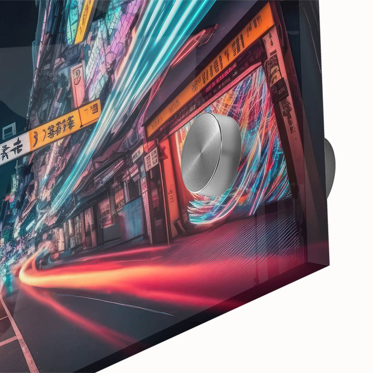 Large abstract Tokyo cityscape in muted colors on acrylic glass, ideal for dining room art in a mid-century modernist style.