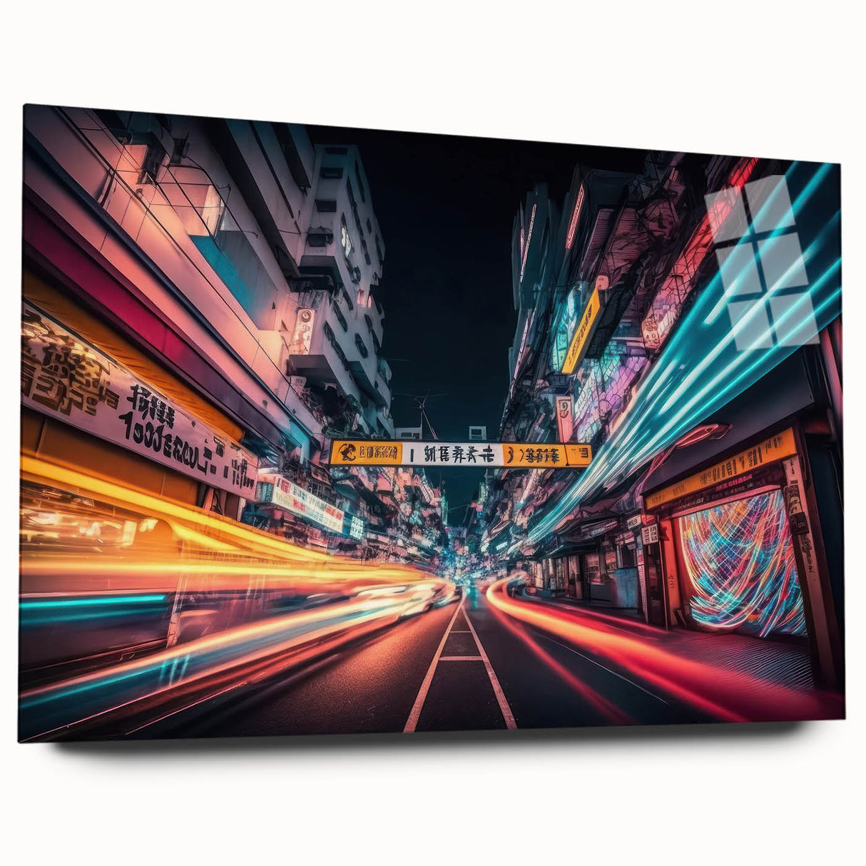 Large abstract depiction of Tokyo skyline in muted gray and blue tones on acrylic glass.