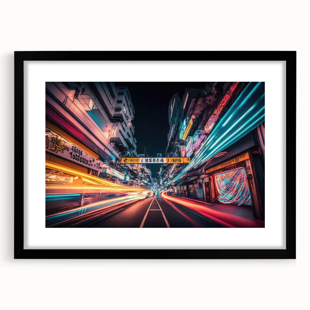 Extra large framed wall art of a colorful abstract Tokyo cityscape in vibrant hues, ideal for living room decor.