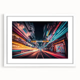 Abstract art print of Tokyo skyline in muted gray and blue tones on a framed white mat.