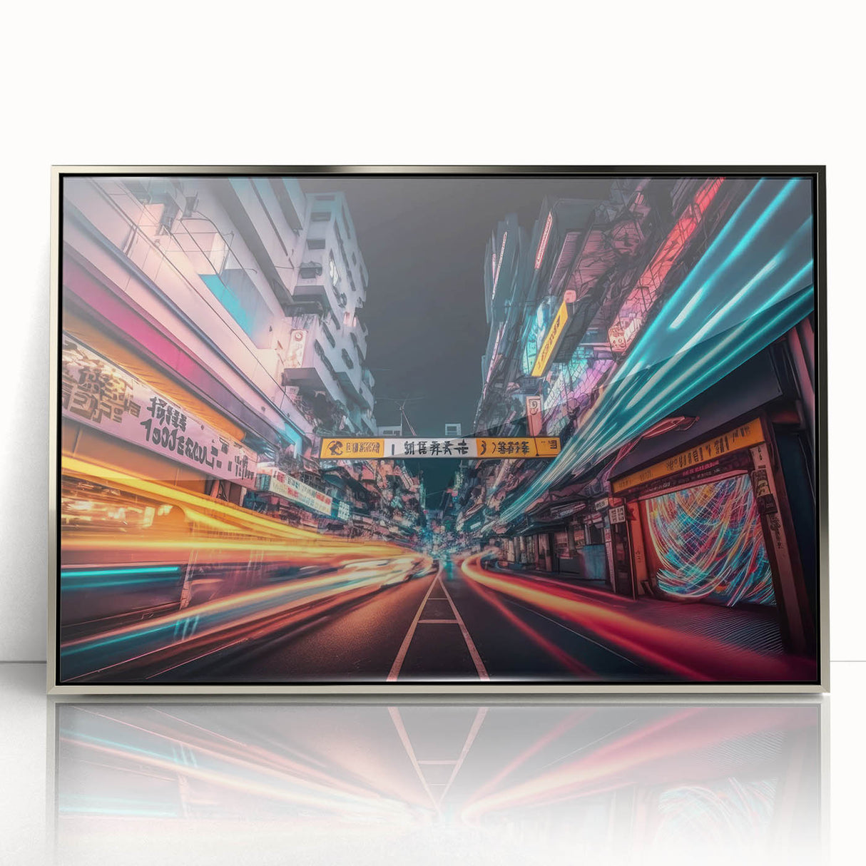 Mid-century modernist art depicting Tokyo skyline in muted earth tones, acrylic print framed in silver.