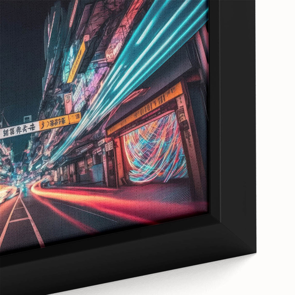Extra large framed canvas featuring a textured depiction of Tokyo with vibrant, colorful elements on a black background.