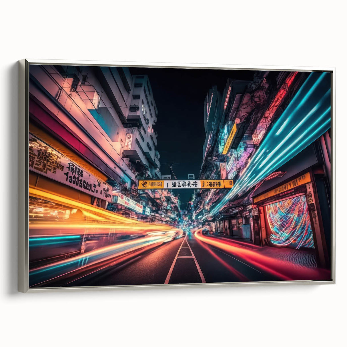 Framed canvas featuring a vintage Tokyo landscape in colorful art style with a prominent black border.