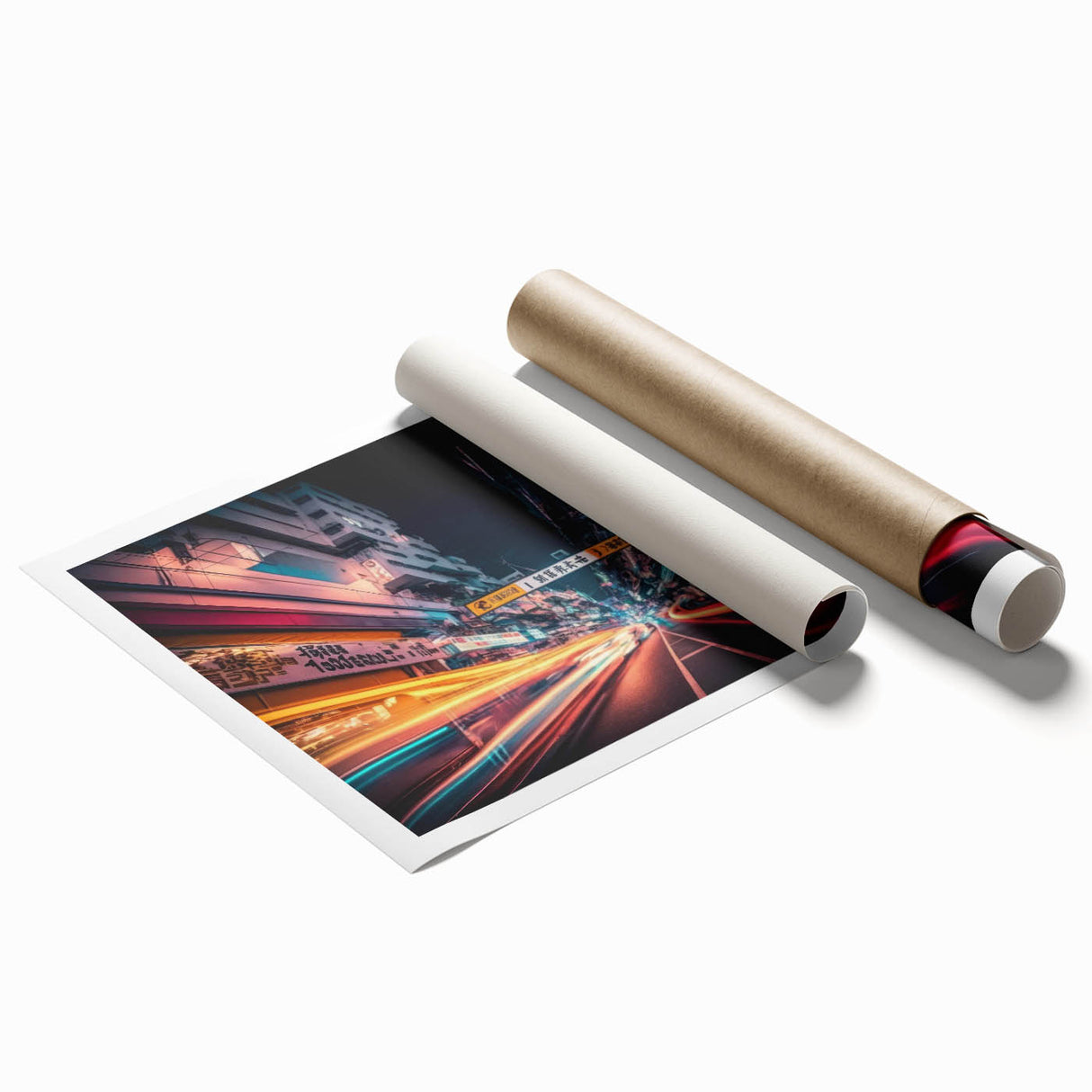 Extra large rolled print of Tokyo scenery with floral elements in soft colors.