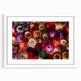 Abstract art print of a serene Japanese landscape in muted earth tones on a framed white mat, ideal for dining room decor.